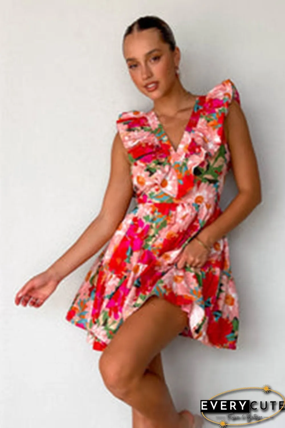 Red Floral Sleeveless V Neck Frill Mini Dress
