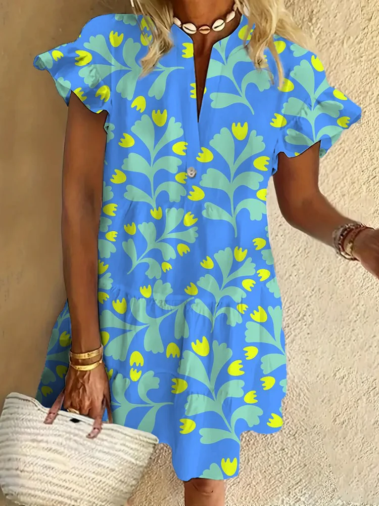 Blue Flower Ruffled Short-sleeved V-neck Buttoned Dress Vacation Beach Dress