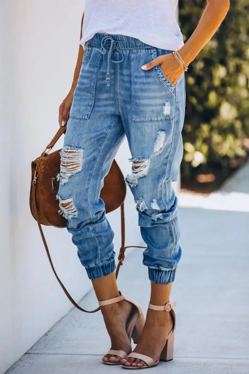 Denim Hole Drawstring Waist Pants