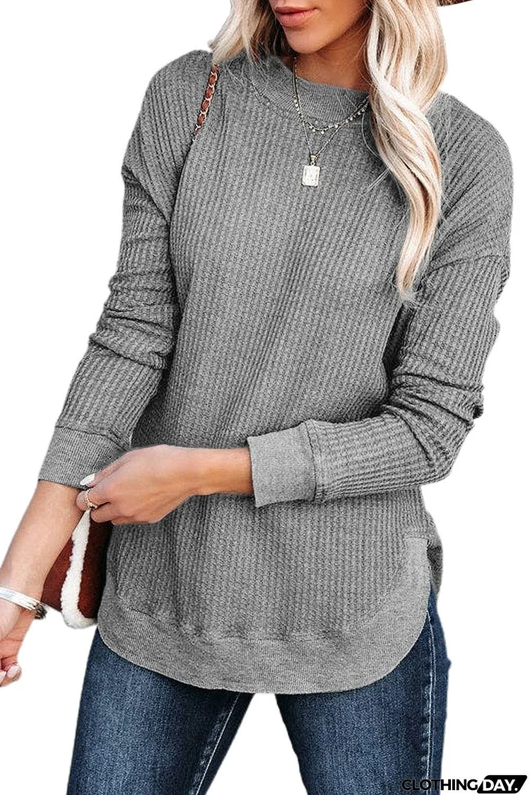 Crew Neck Ribbed Trim Waffle Knit Top