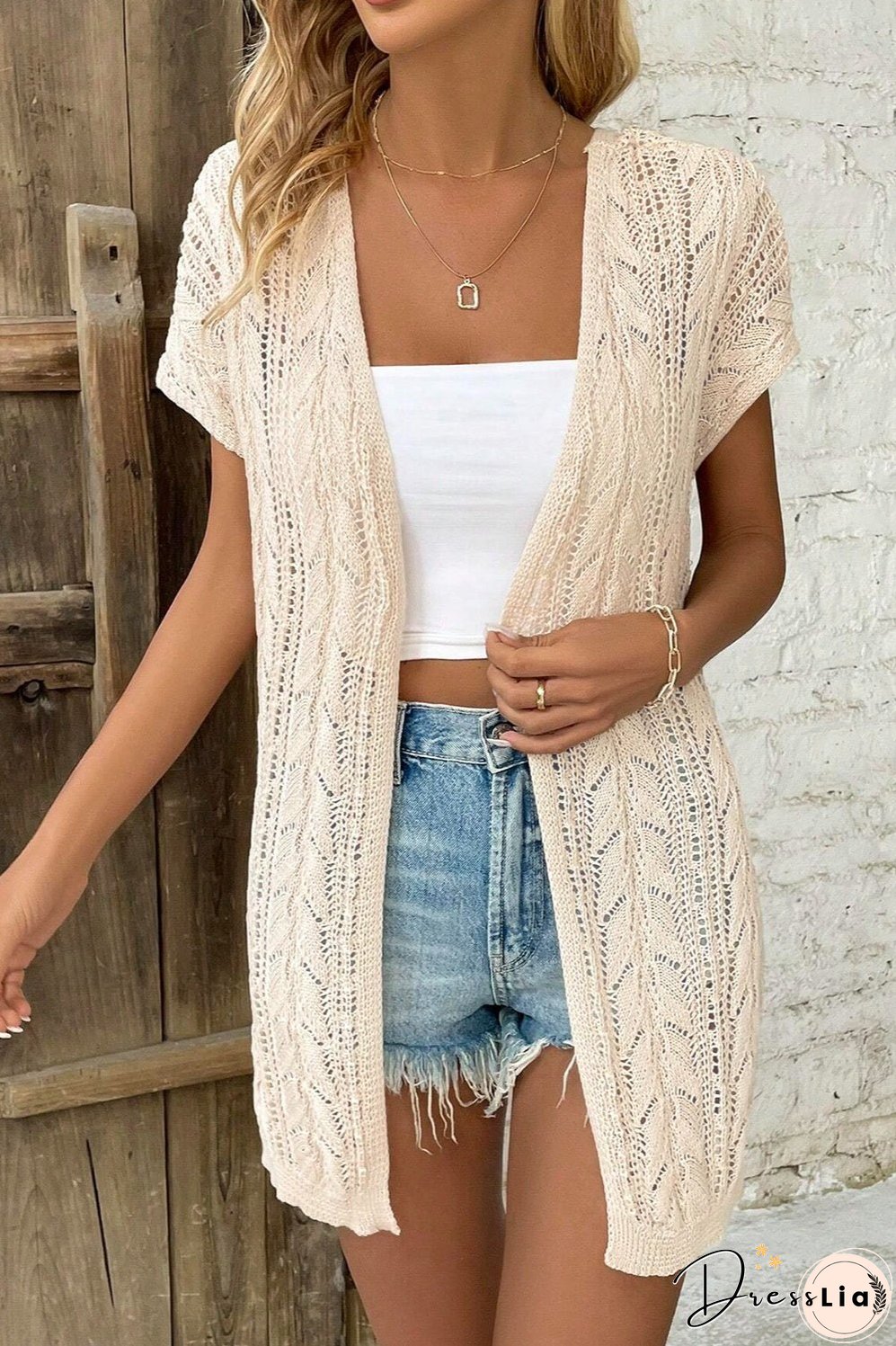 Openwork Open Front Short Sleeve Cardigan