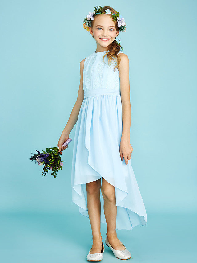 Oknass Sheath Jewel Neck Asymmetrical Chiffon  Junior Flower Girl Dress With Pleats Natural