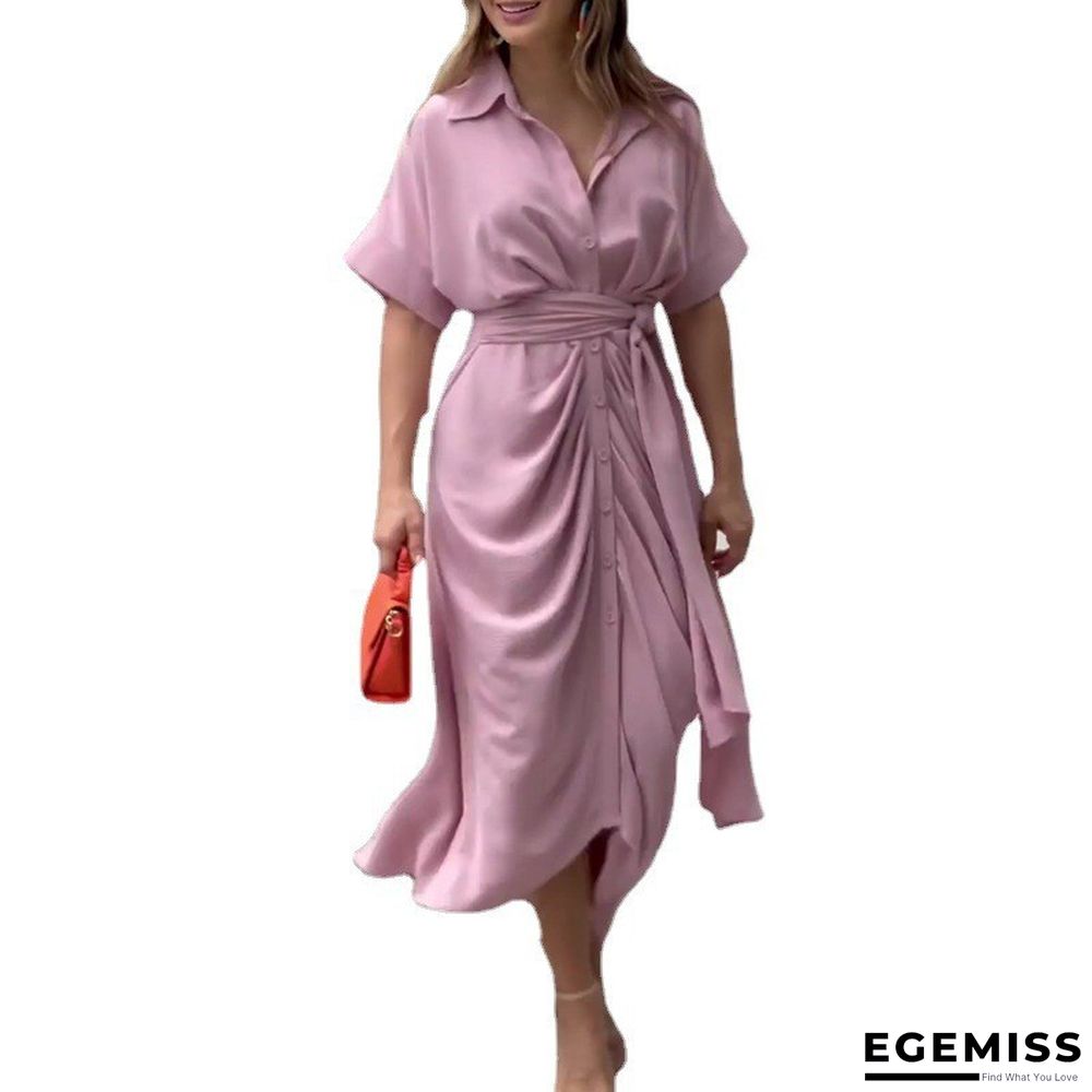 Lapel Mid Length Short Sleeve Single Breasted High Waist Shirt Dress | EGEMISS