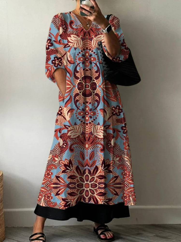 Women's Vintage Lovely Floral Art Print Pocket V-neck Cotton Dress