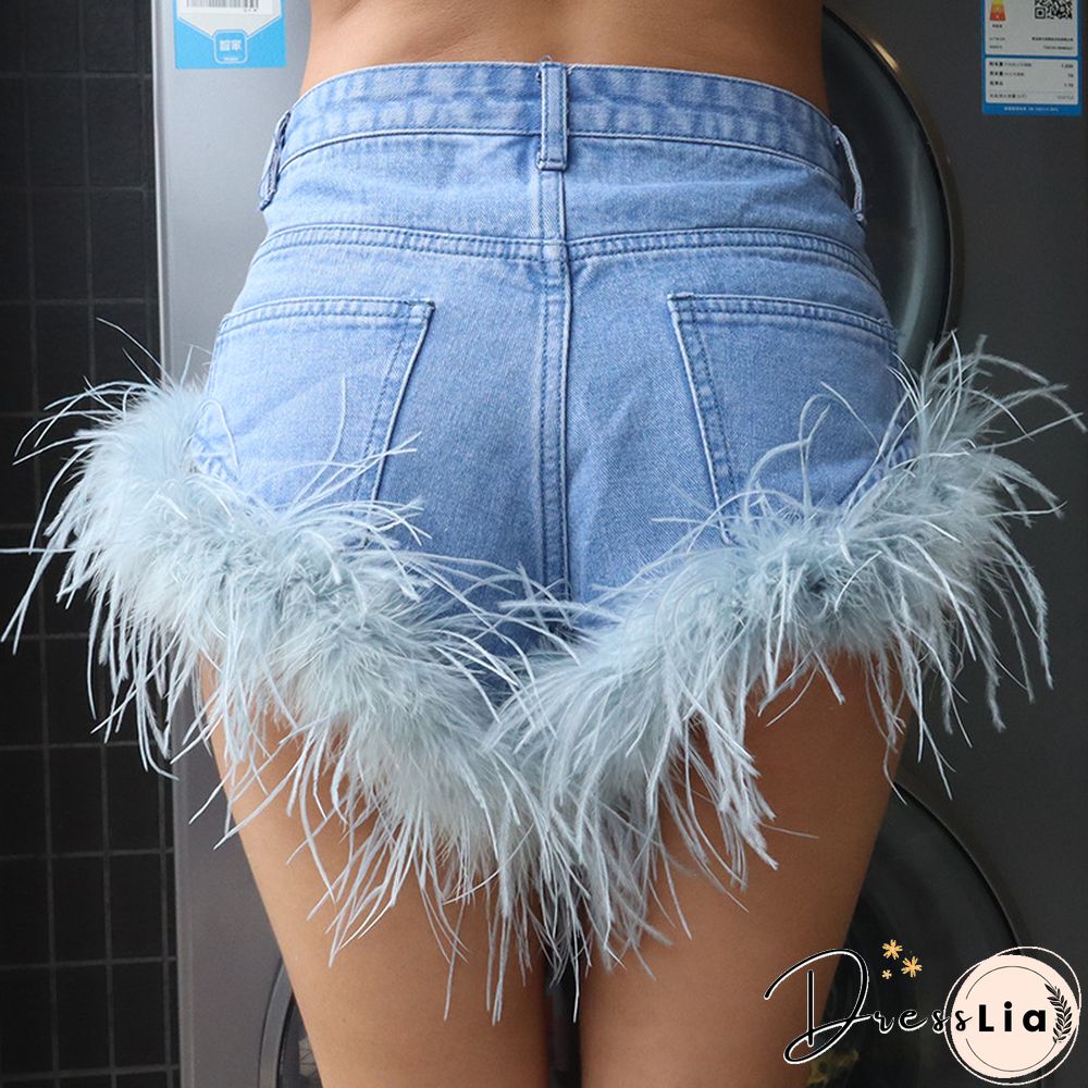 High Waist Feather Fur Patchwork Denim Shorts