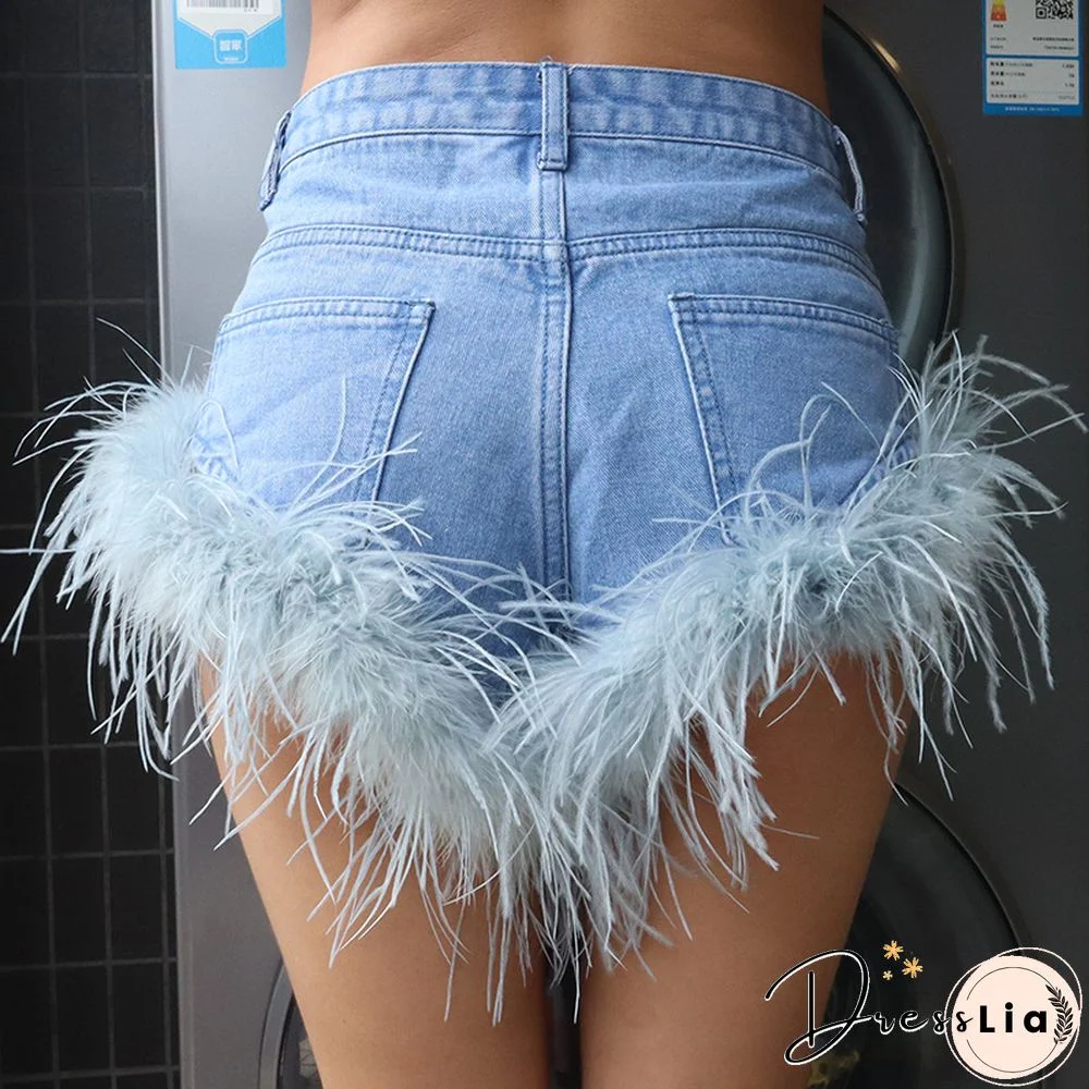 High Waist Feather Fur Patchwork Denim Shorts