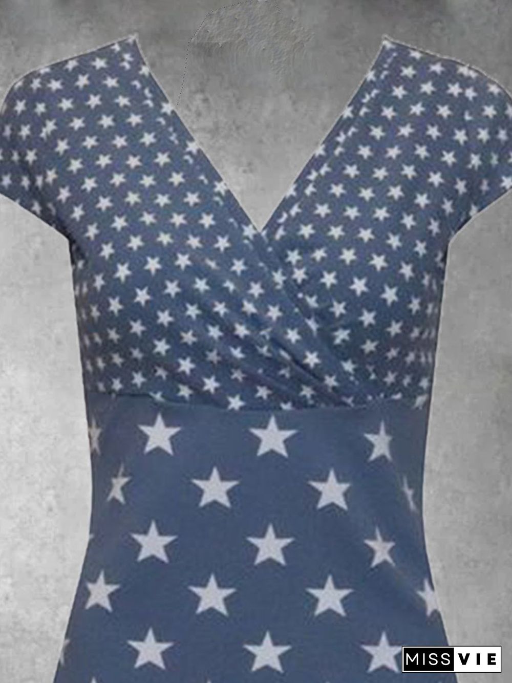 Star Short Sleeve Printed Cotton-blend V neck Sweet Summer Blue Top