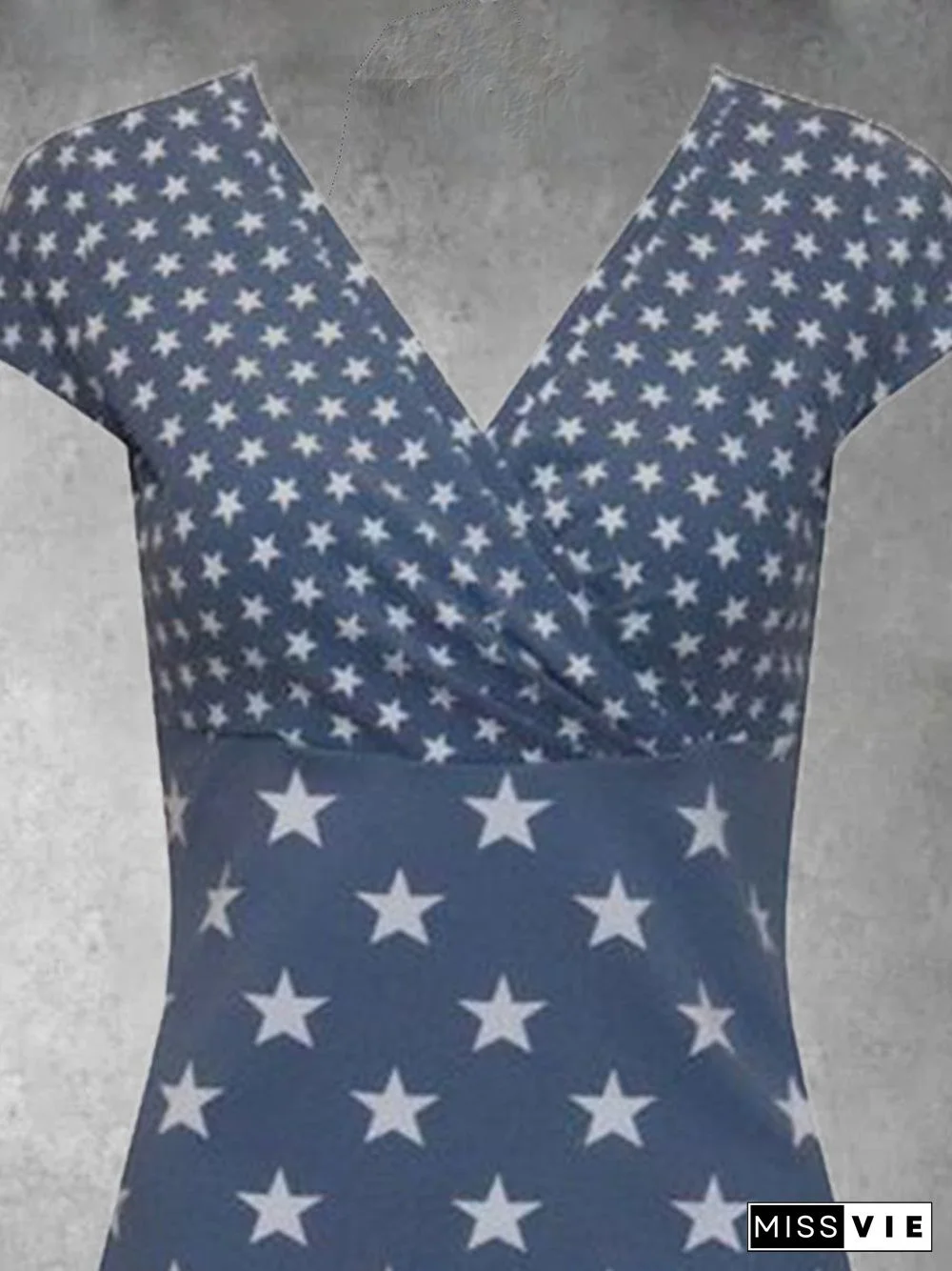 Star Short Sleeve Printed Cotton-blend V neck Sweet Summer Blue Top