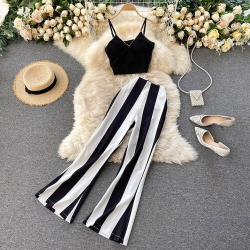 FTLZZ 2021 Women Suit 2 Piece Set Short High Waist Black and White Striped Wide Leg Pants Sexy Party Club  Women 2 Piece Set