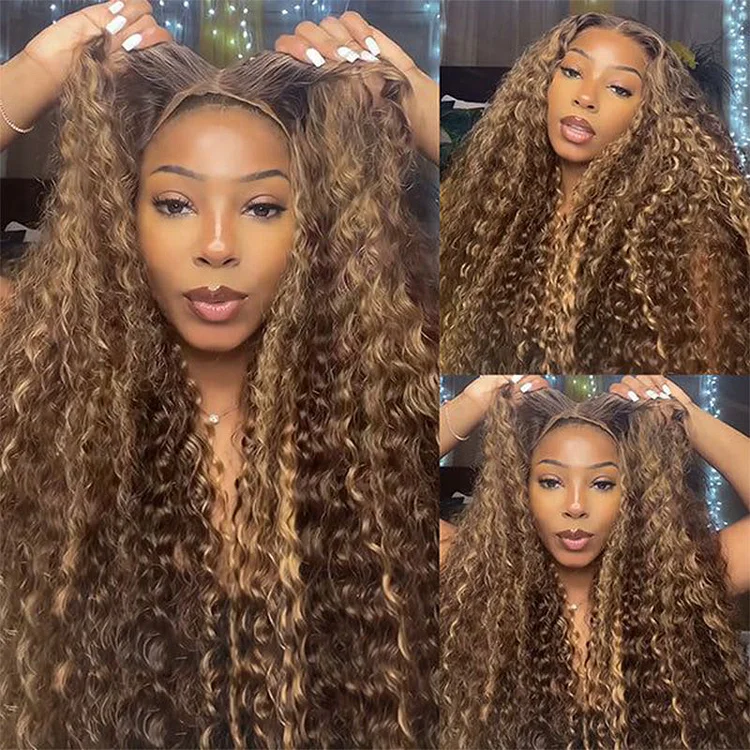 2023 Brown Mixed Blonde Brazilian Water Wave Curly Wigs