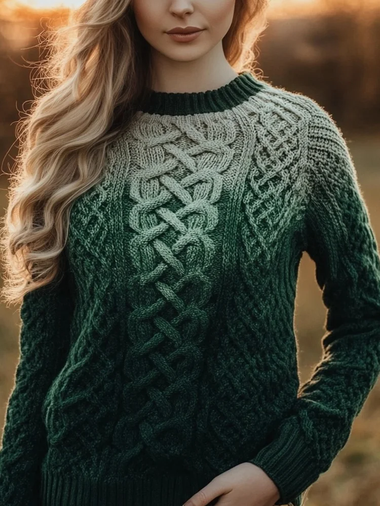 Retro Celtic Knot Knitted Gradient Chunky Cozy Sweater