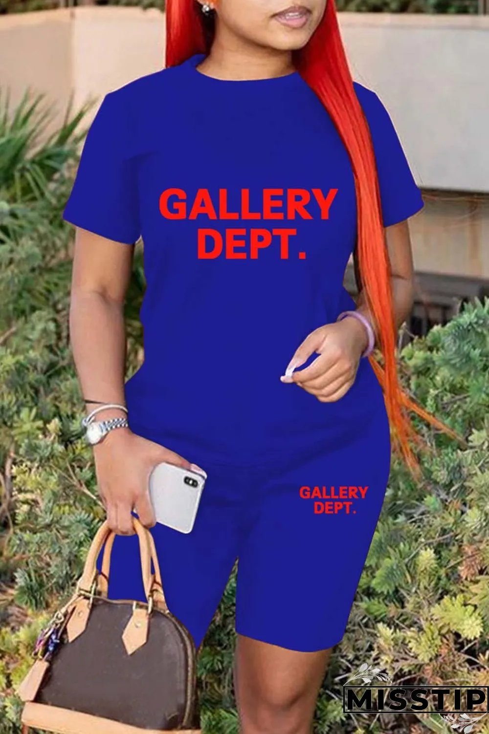 Green Casual Letter Print Basic O Neck Short Sleeve Two Pieces