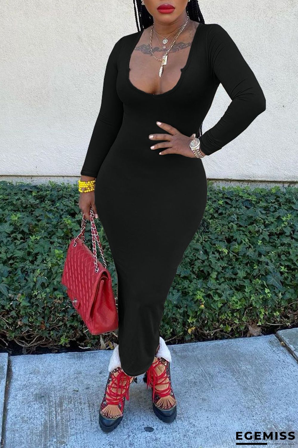 Black Sexy Solid Patchwork V Neck One Step Skirt Dresses | EGEMISS