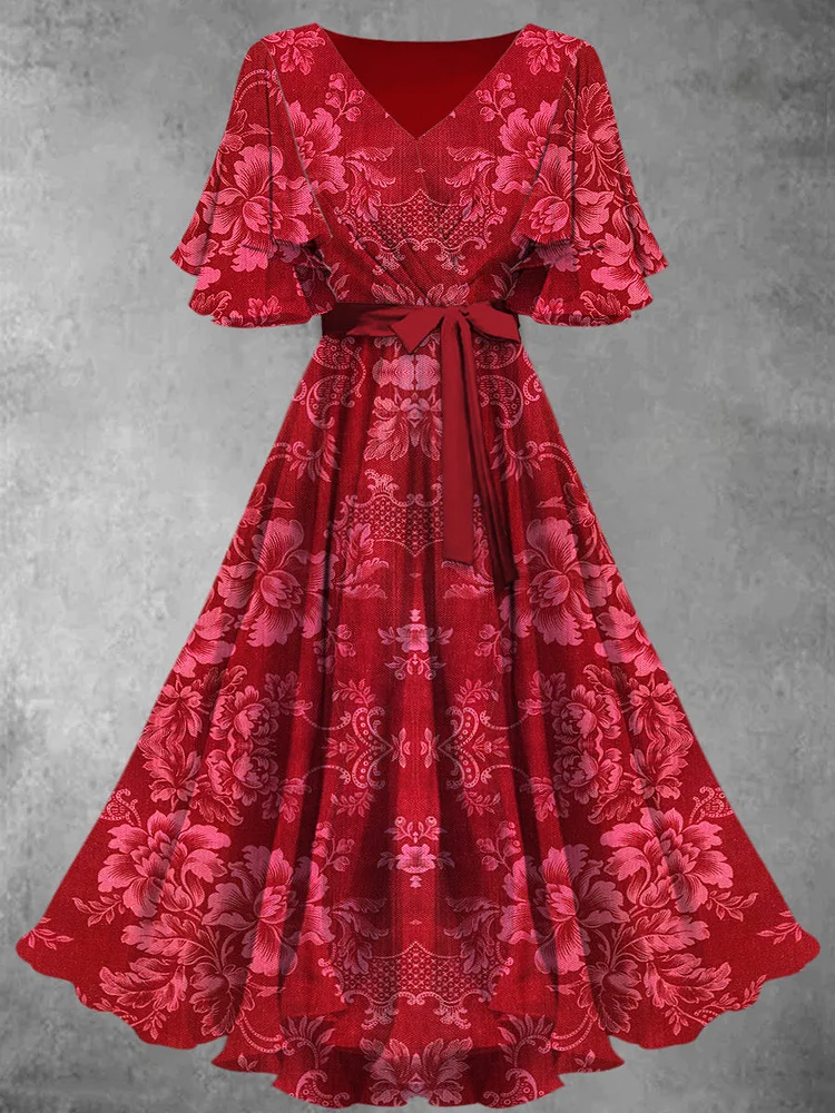 Retro Floral Art Printed V-Neck Vintage Chic Strap Short Sleeve Midi Dress