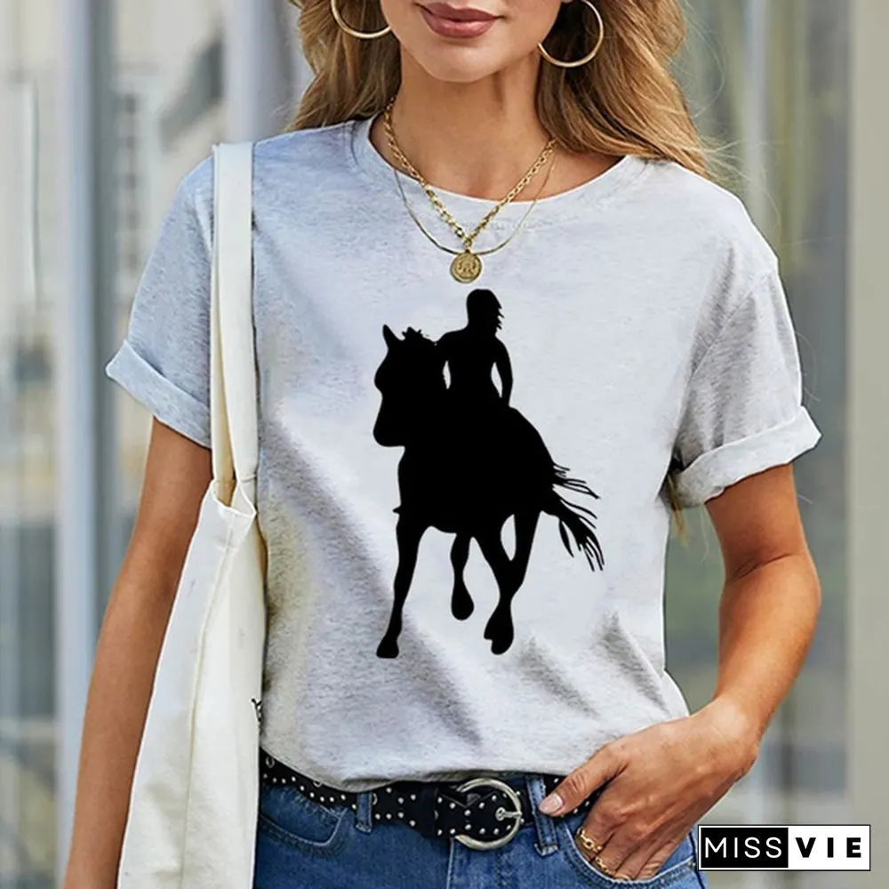 Womens Horse Print Knight Shirts Womens Tops Casual Tees Women Blouse Graphic T-Shirt