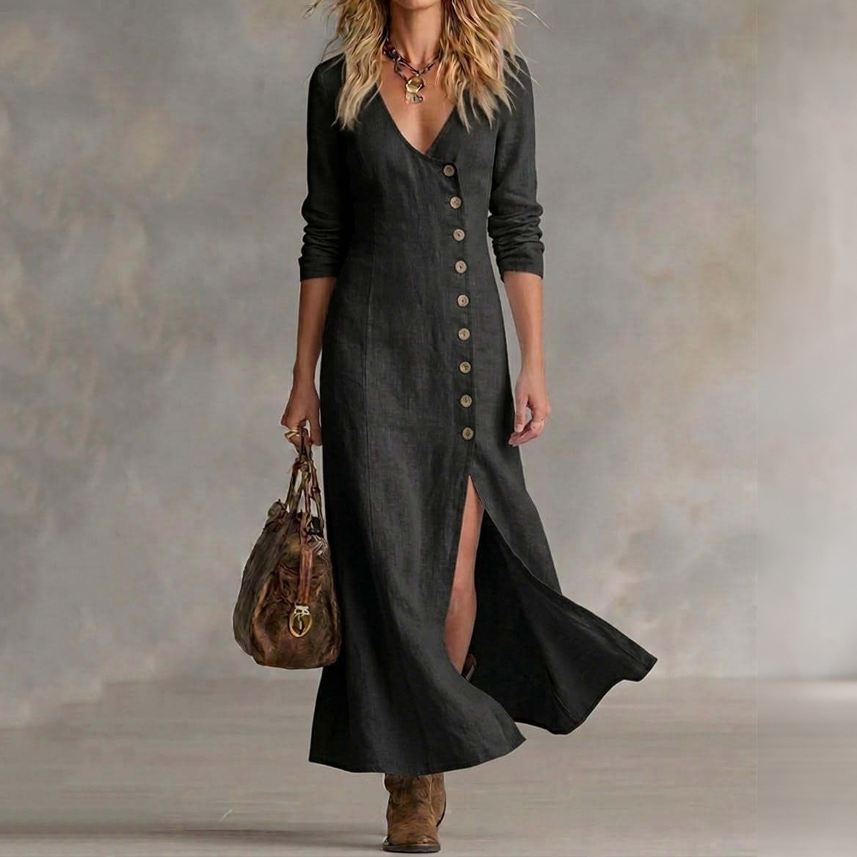 Comstylish Casual Linen Long-sleeved Button Placket Dress