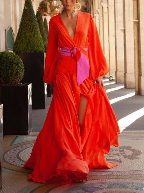 Fashion Solid Color V-Neck Long-Sleeved Dress