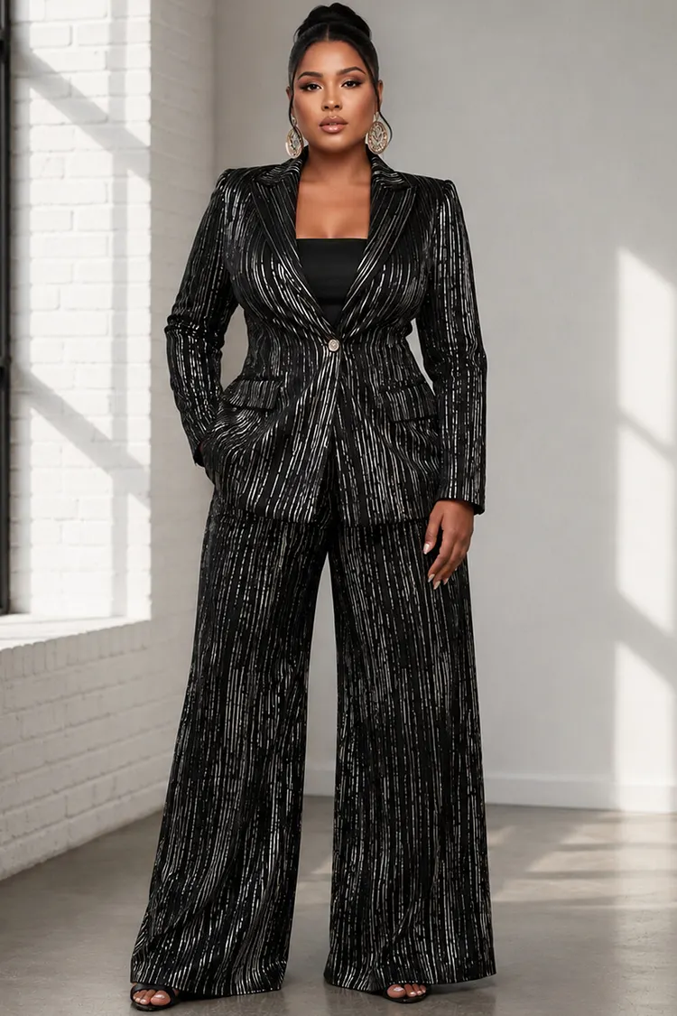 Xpluswear Design Plus Size Formal Black Lapel Collar Long Sleeve Pocket Wide Leg Glitter Two Piece Pant Suits [Pre-Order] 2024 - Xpluswear