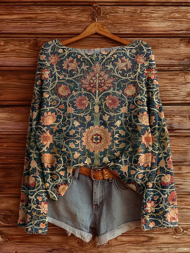 Women's Retro Ethnic Totem Flower Art Print Casual Pullover Sweater