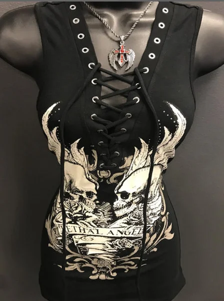 Mongw Mongw Women's Fashion Skull Print Strope T-Shirt