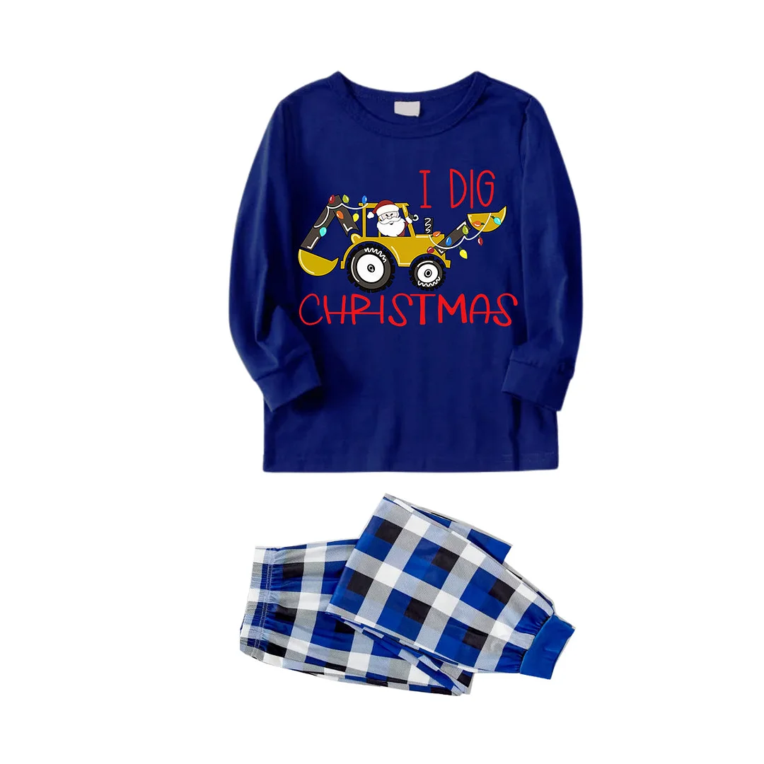 "I Dig Christmas" Cartoon Excavator Pattern Blue Long Sleeves with Blue&White&Black Plaid Pants Family Matching Pajamas