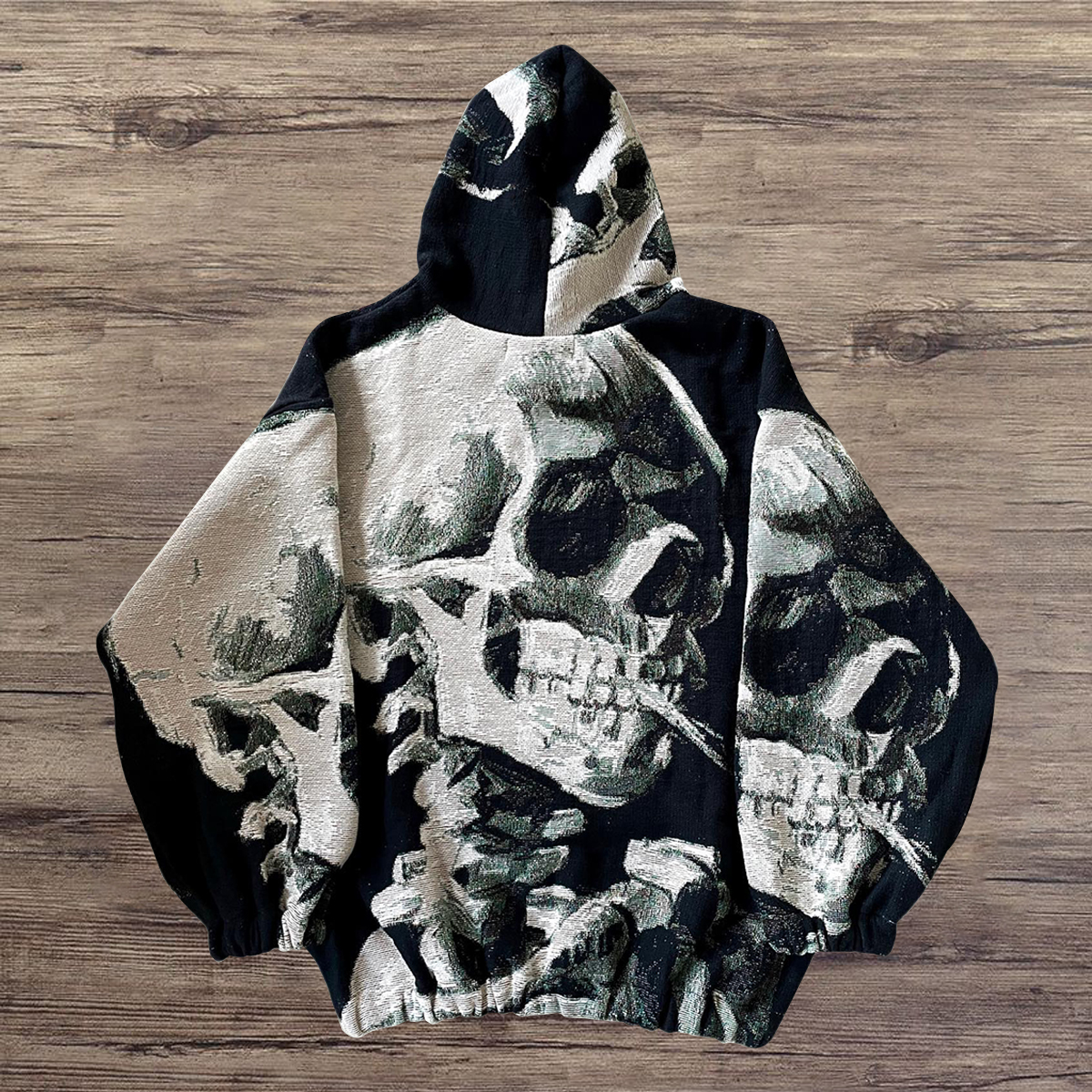 Fashion Retro Skull Printed Casual Street Tapestry Knit Hooded Sweater