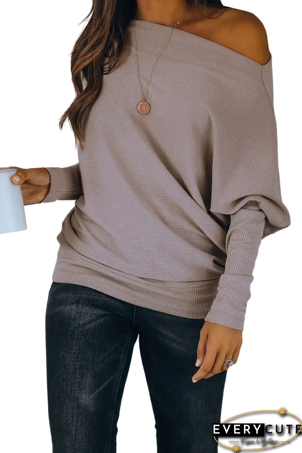 Off Shoulder Ribbed Texture Raglan Long Sleeve Top