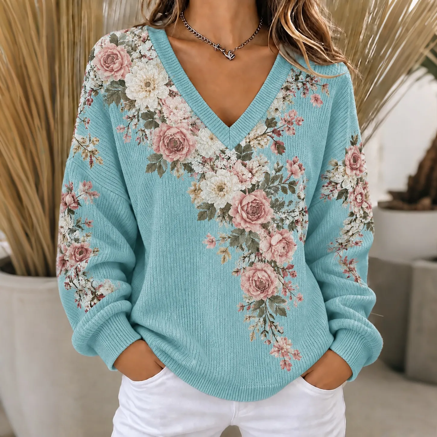 Comstylish Women's Vintage Floral Print Casual V-neck Knit Sweater