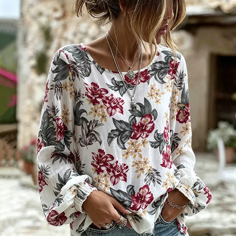 Women's Floral Art Print Flowy Linen Blend Linen Blend Long Sleeve Casual Tops