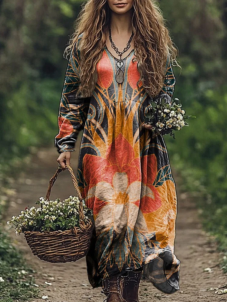 Women's Vintage Floral Art Print Pocket Cotton V Neck Long Sleeve Dress
