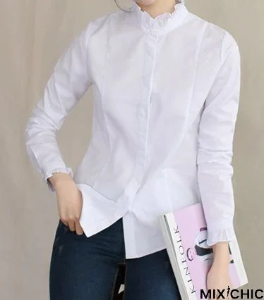 White Long Sleeve Cotton-Blend Elegant Blouse & shirt