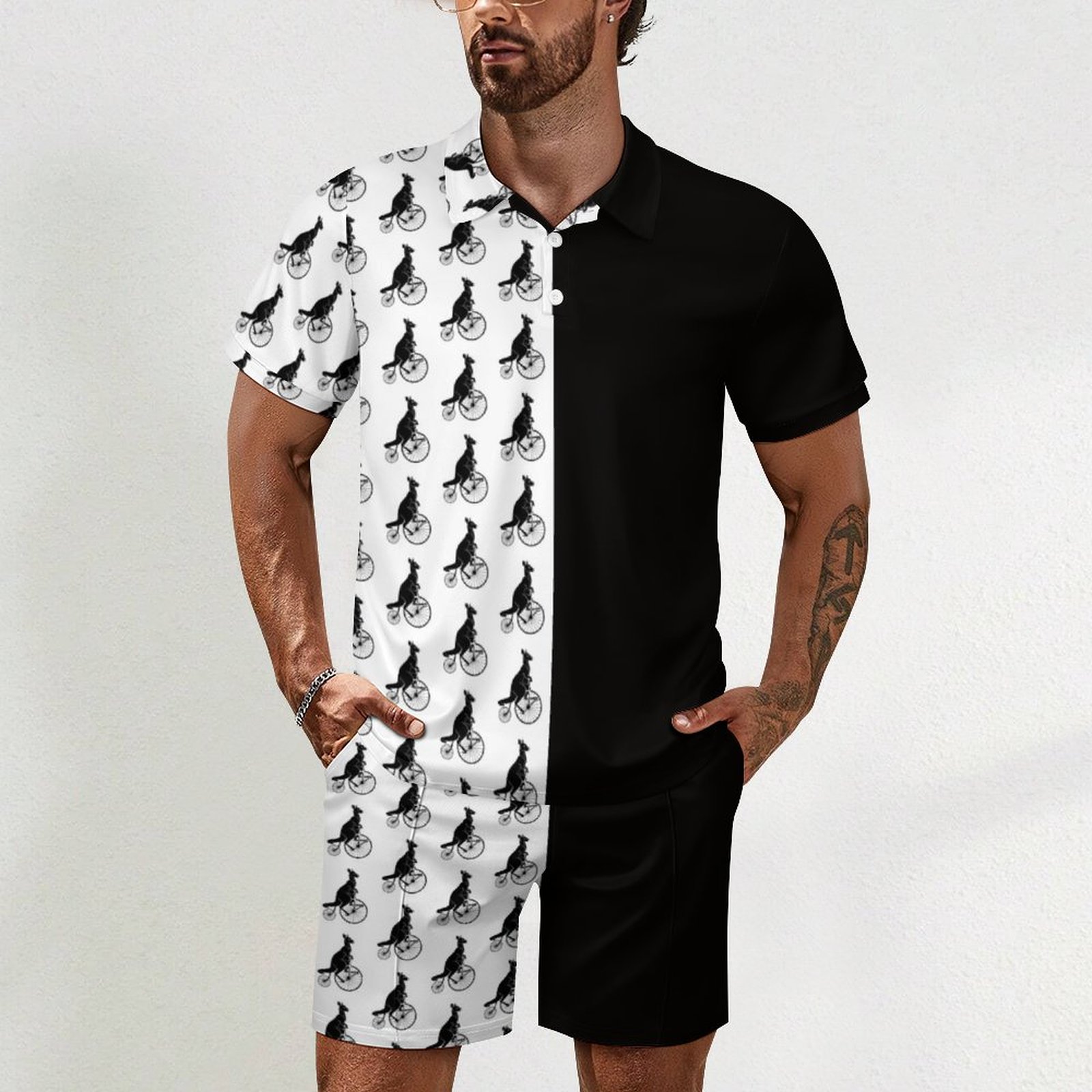 Kangaroo Riding A Penny Farthing Bike Summer Beach Tropical Hawaii Suits Guys Short Sleeve Beach Shirt Shorts Set Tracksuit