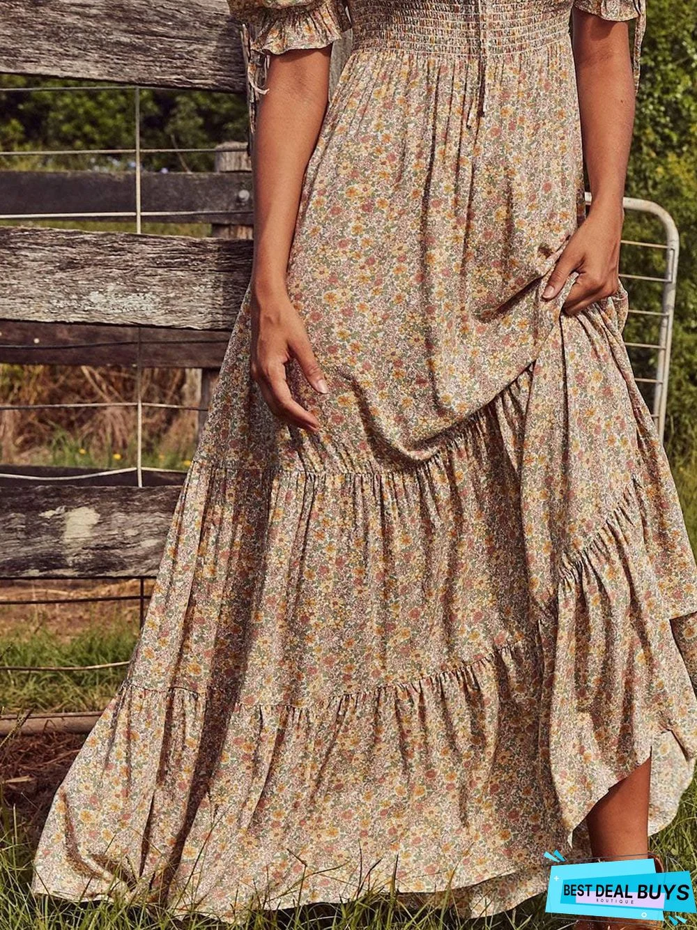 Flower Cotton-Blend Square Neck Vintage Floral Weaving Dress