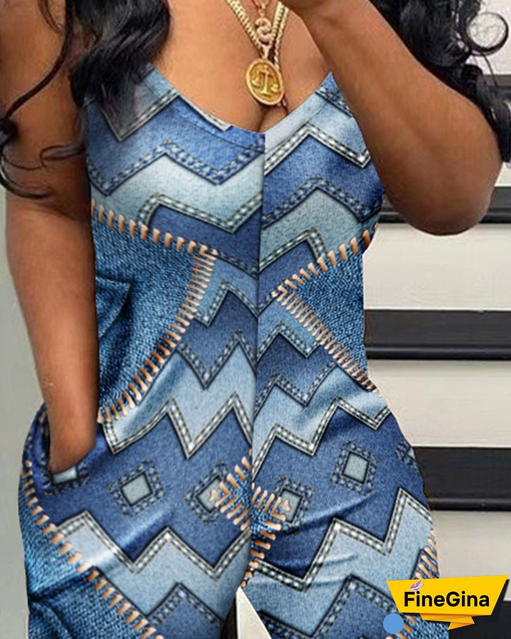 Geometric Print Pocket Design Sleeveless Jumpsuit