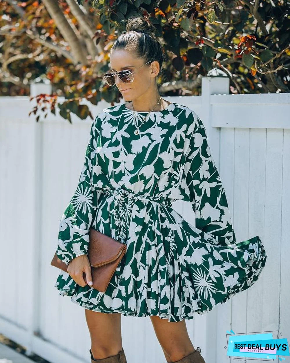 Printed Round Neck Long Sleeve Dress