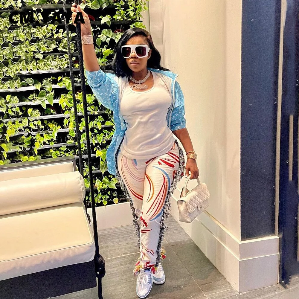 CM.YAYA Autumn Spring Women Pants High Waist Activewear Pencil Trousers Sporty Print Tassel Jogger Pants Sweatpants