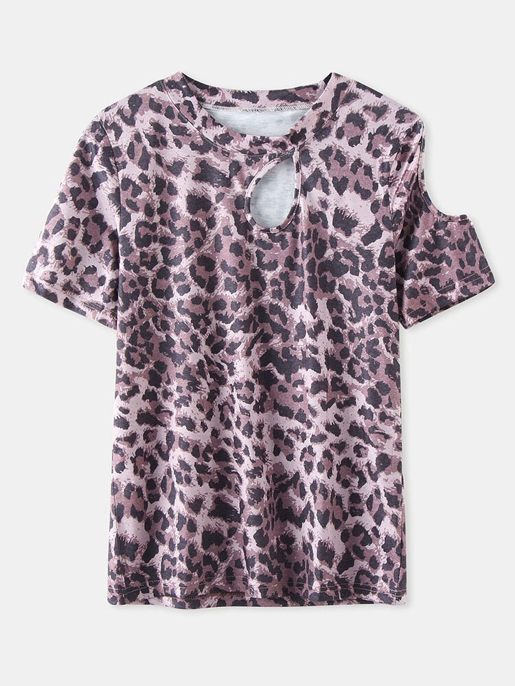 Leopard Print Hollow O neck Short Sleeve T Shirt For Women P1829715