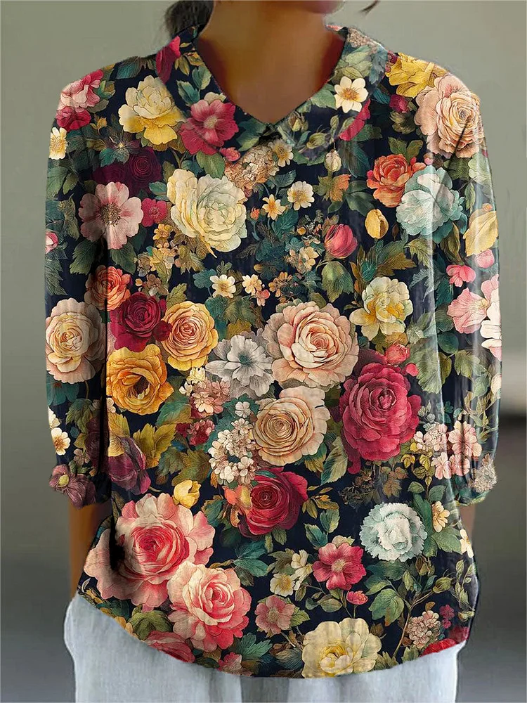 Women's Vintage Floral Art Print Casual Cotton And Linen 3/4 Sleeve Shirt