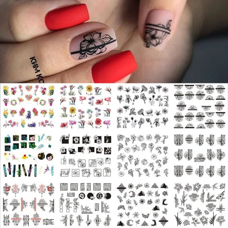 Harunouta 12pcs Simple Green Theme Water Decal Sticker Flower Leaf Tree Spring DIY Slider For Manicuring Nail Art Watermarks