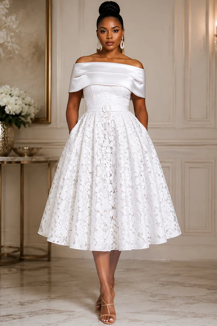 Xpluswear Design Plus Size Wedding Guest Satin White Off The Shoulder Pocket Contrast Lace Midi Dresses [Pre-Order] 2024 - Xpluswear
