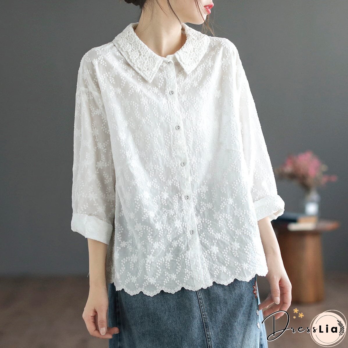 Women Spring Retro Embroidery Double Layers Blouse