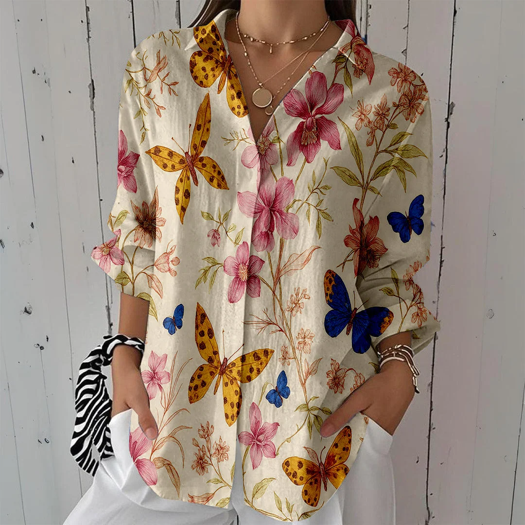 Style & Comfort for Mature Women Women Butterfly, Floral, Yellow DZCL0199 3/4 Sleeve Shirt Collar Printed Button Tops
