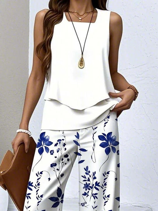 Women's Sleeveless Square Collar Floral Printed Casual Set