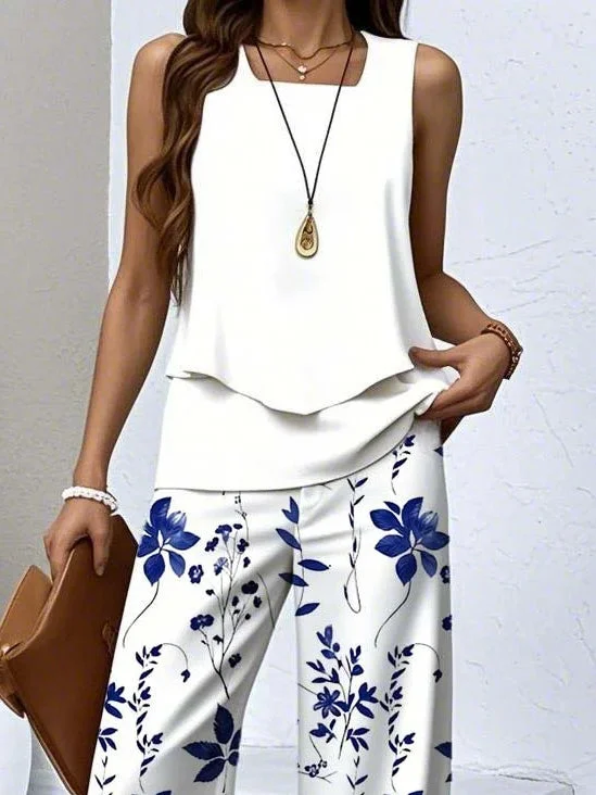 Women's Sleeveless Square Collar Floral Printed Casual Set