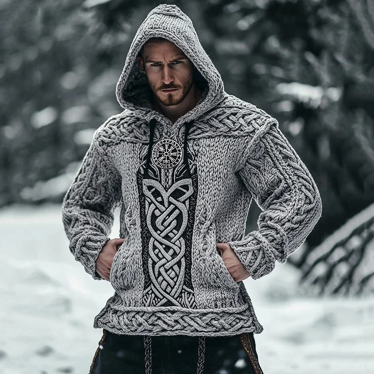 Men's Vintage Viking Runes Celtic Cozy Chunky Hooded Sweater