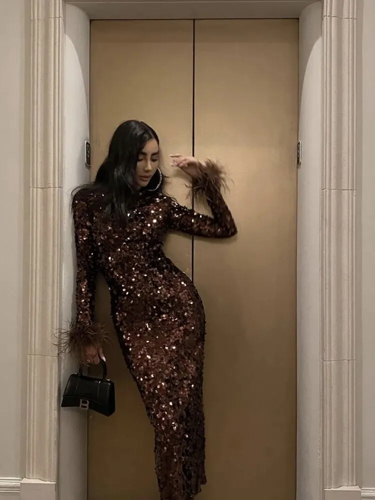 Uveng 2023 Autumn Winter Dresses For Women Party Cocktail Evening Elegant Celebrity Feather Design Sequins Midi Dress Vestidos