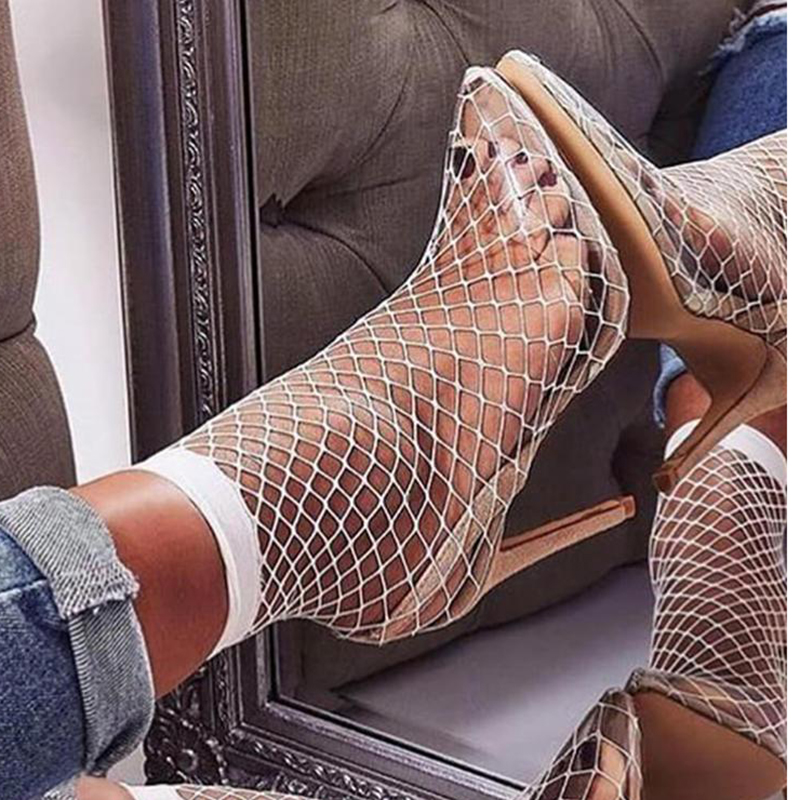 GOOSHOE Nude PVC Ankle Boots with Netted Pointy Toe Stiletto Heels