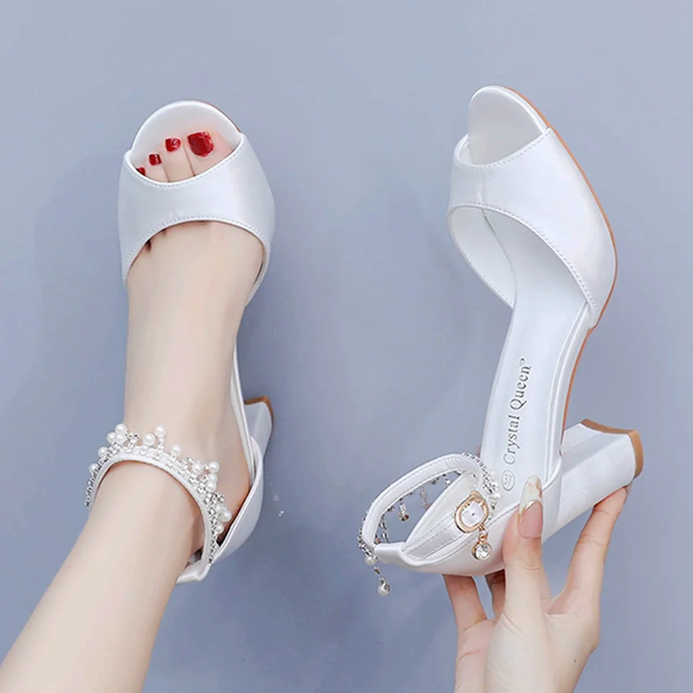 Breakj Breakj Cm Fish Mouth High Heel Sandals Shallow Large-Size Round-Headed Beaded Thaigou High Heels Bridal Wedding Silk Satin Sandals