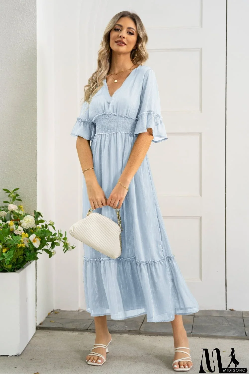 MidiSono - V-Neck Flounce Sleeve Smocked Waist High Slit Dress