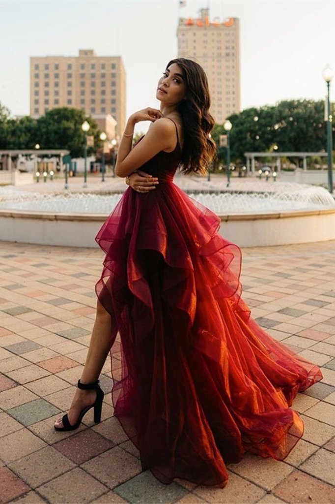 Burgundy Spaghetti-Straps Prom Dress Ruffles PD0395